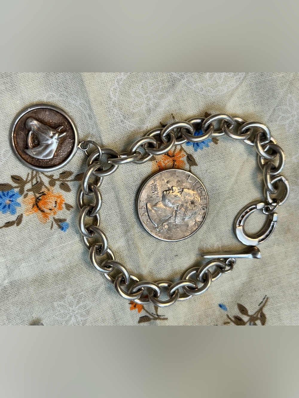 Sterling Tone Chunky Link Bracelet with horse Charm - Silver